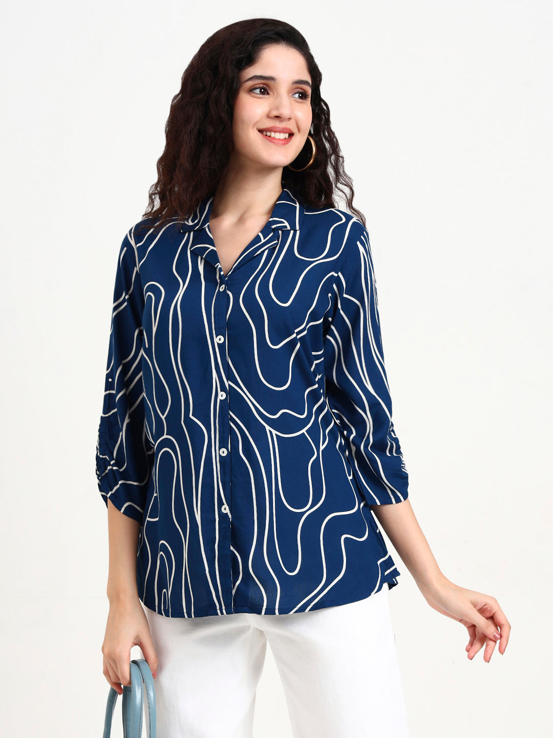 Teal Blue Asymetric Print Rayon Top