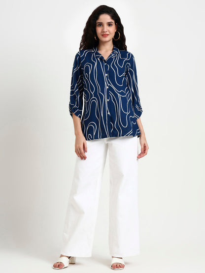 Teal Blue Asymetric Print Rayon Top