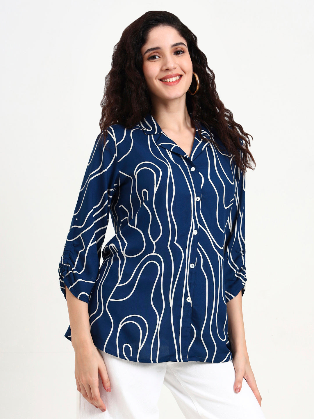 Teal Blue Asymetric Print Rayon Top