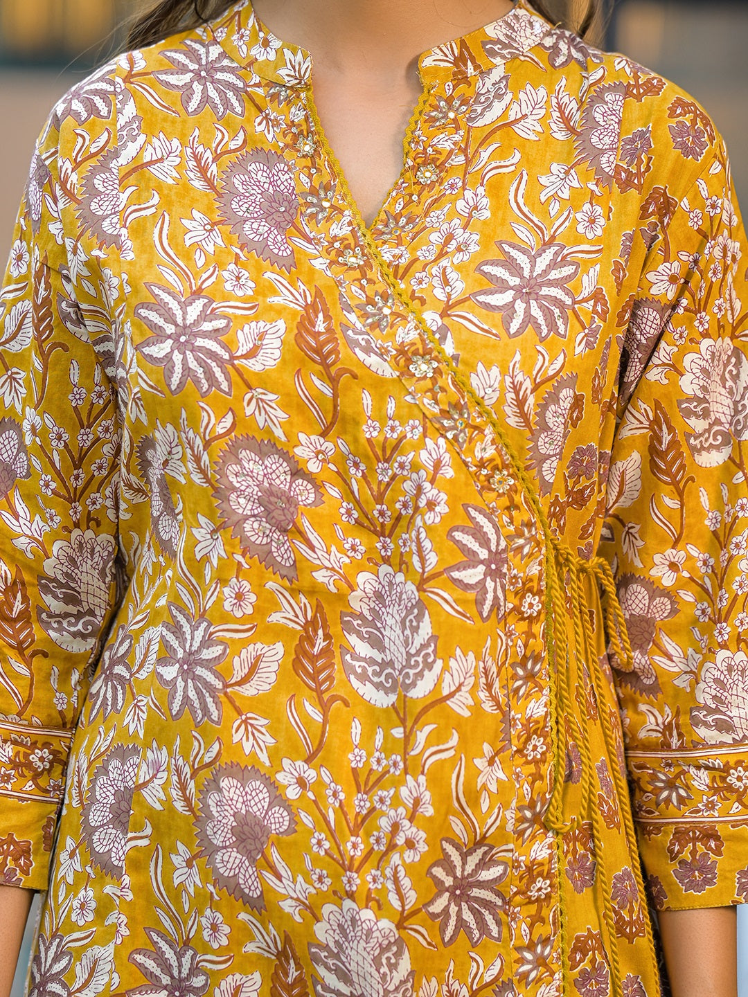 Mustard Floral Print Cotton Kurta Sets With Dupatta