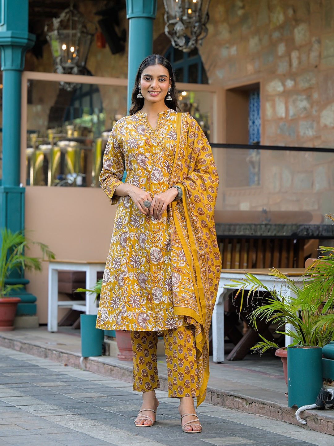 Mustard Floral Print Cotton Kurta Sets With Dupatta
