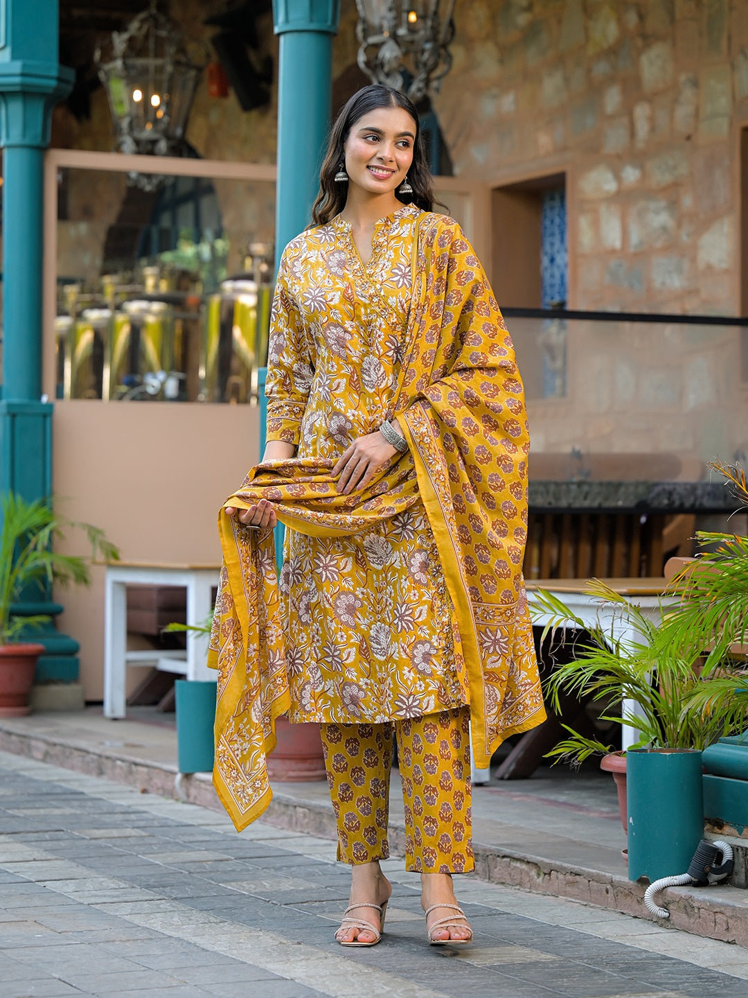 Mustard Floral Print Cotton Kurta Sets With Dupatta