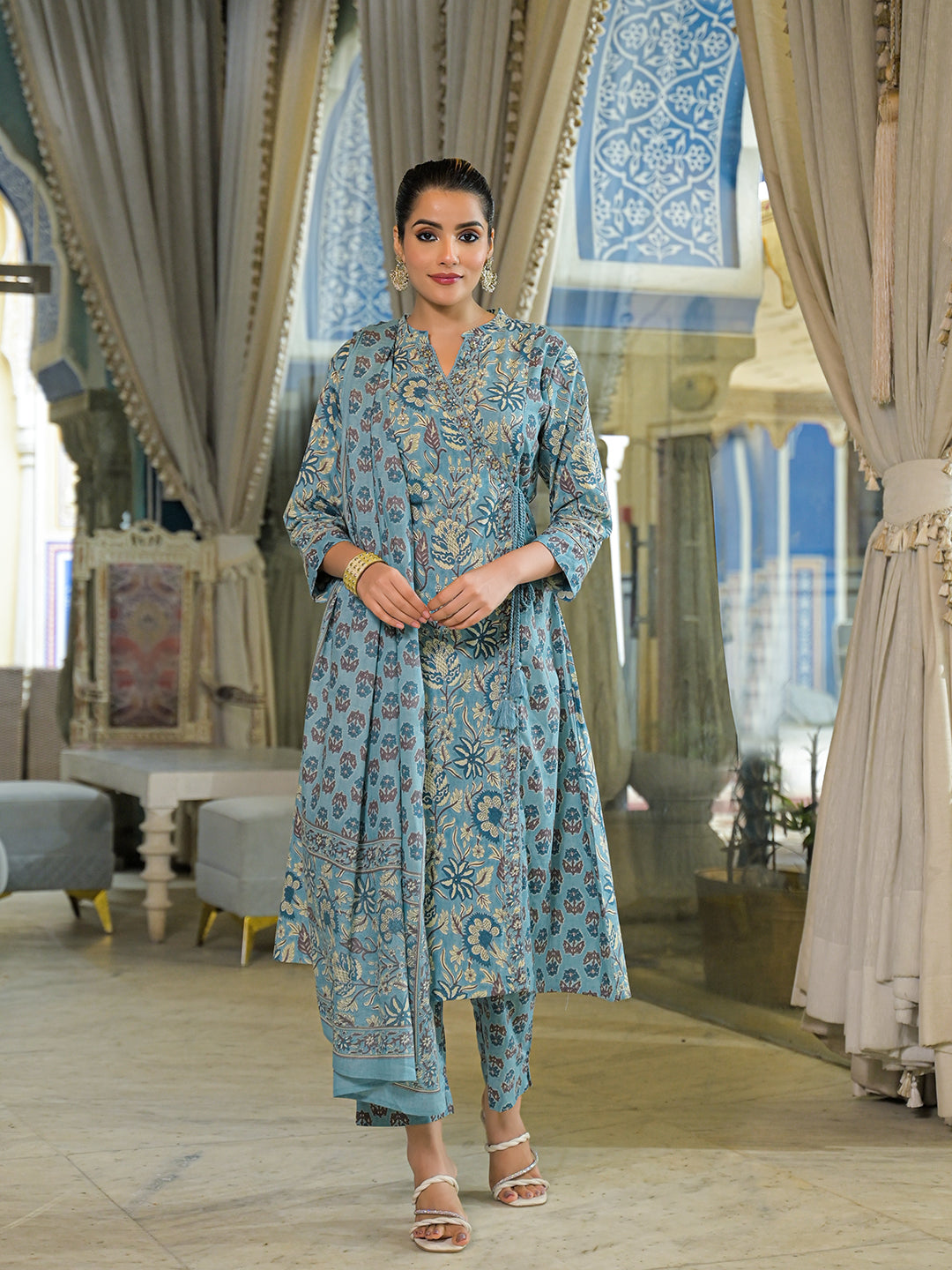 Blue Floral Print Cotton A-Line Kurta Pant With Dupatta