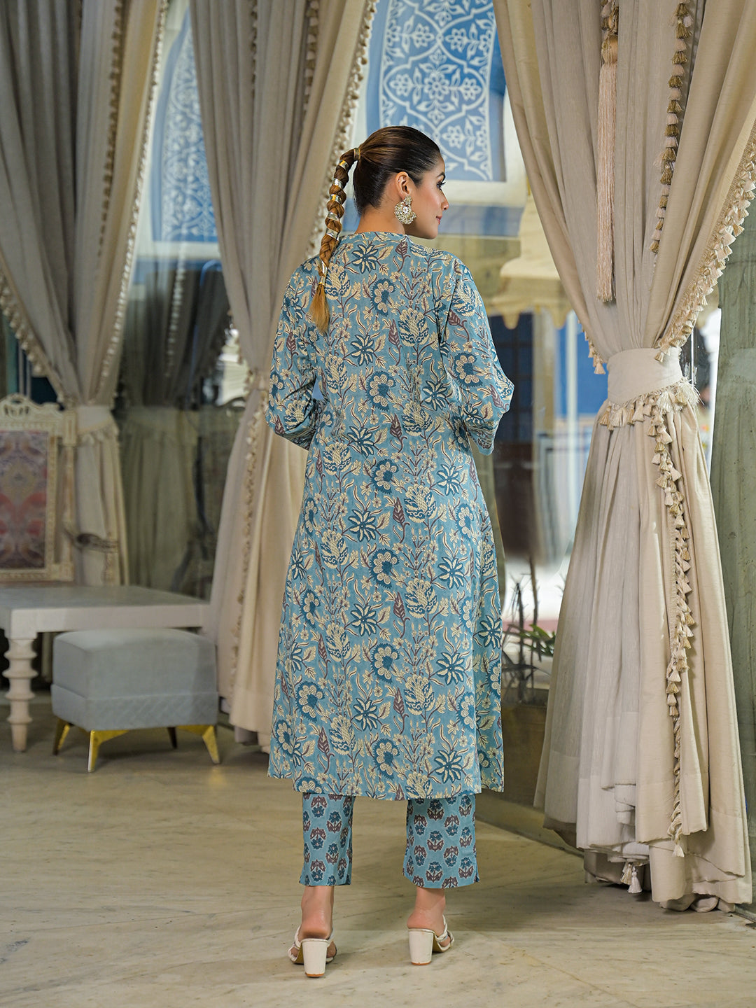 Blue Floral Print Cotton A-Line Kurta Pant With Dupatta