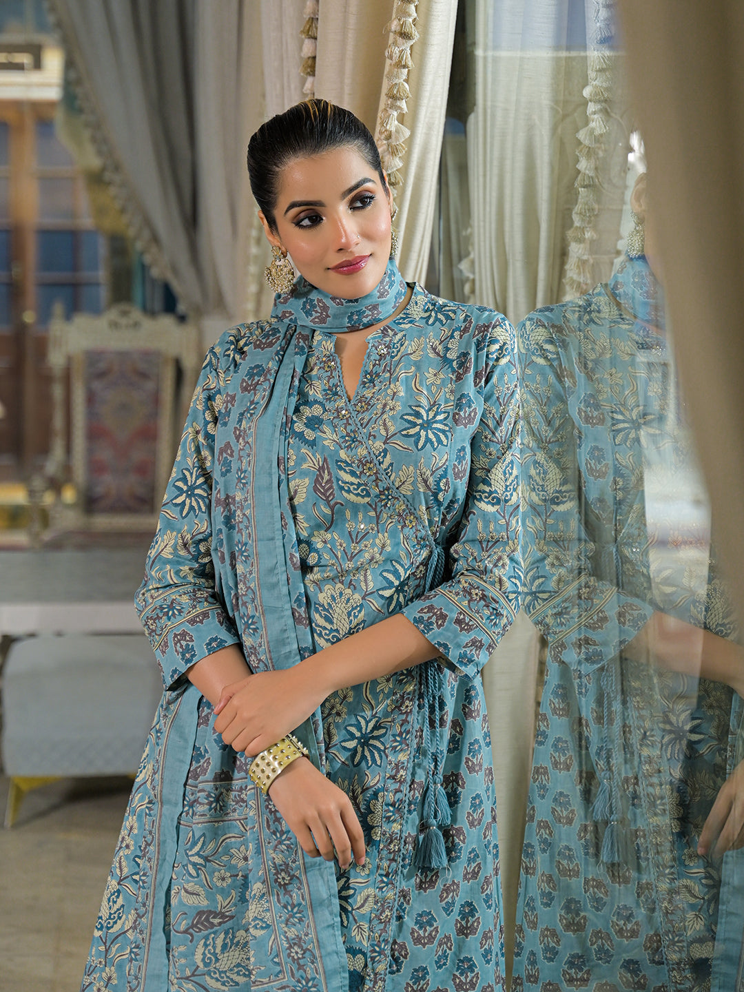 Blue Floral Print Cotton A-Line Kurta Pant With Dupatta