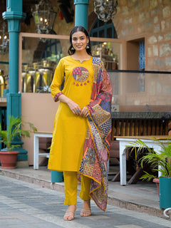 Mustard Embroidered Cotton Kurta Sets With Dupatta