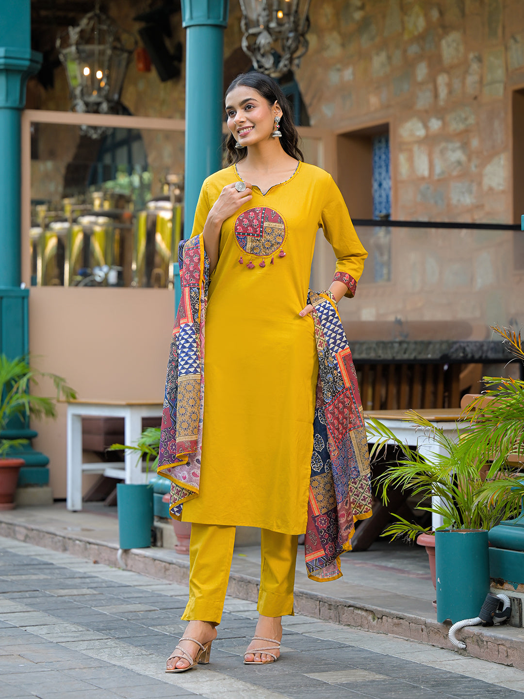 Mustard Embroidered Cotton Kurta Sets With Dupatta
