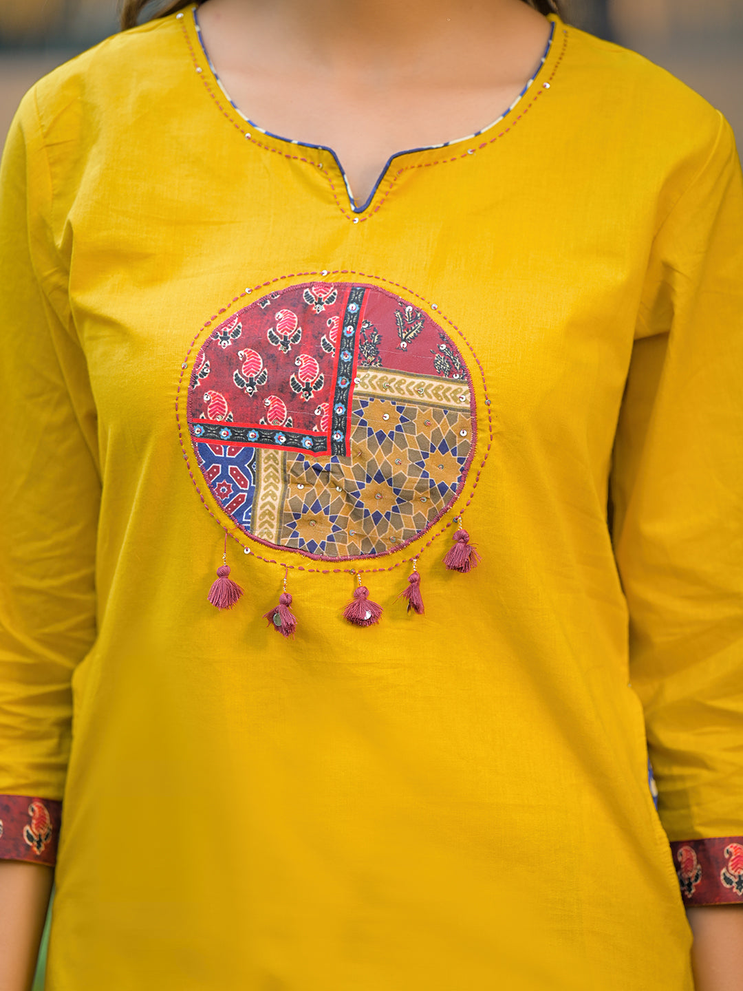 Mustard Embroidered Cotton Kurta Sets With Dupatta