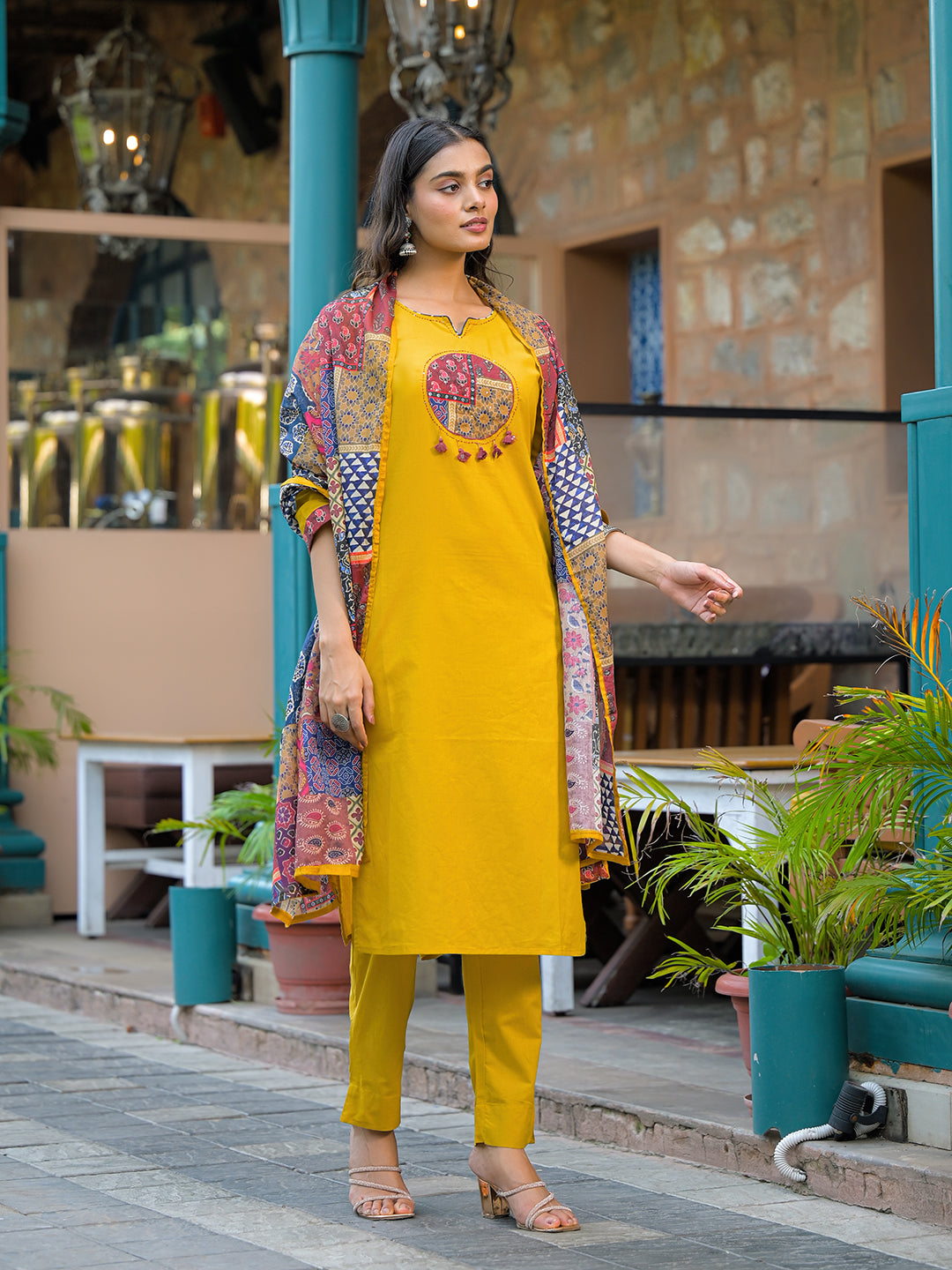 Mustard Embroidered Cotton Kurta Sets With Dupatta