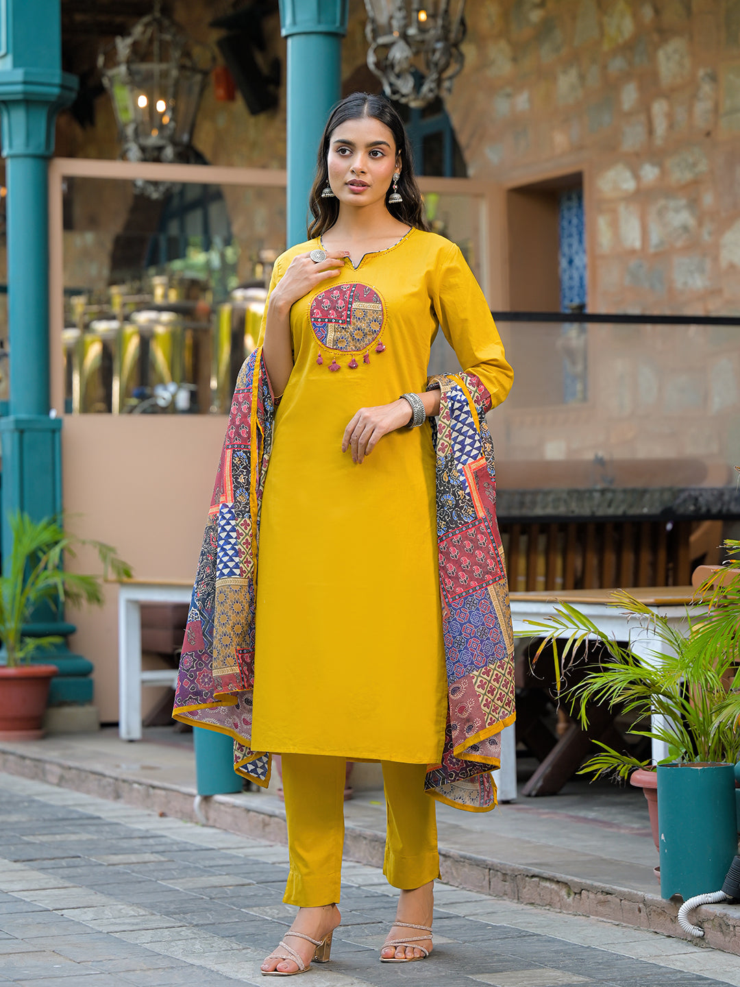 Mustard Embroidered Cotton Kurta Sets With Dupatta