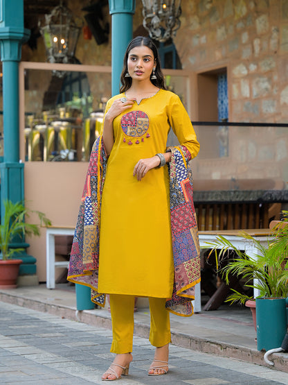 Mustard Embroidered Cotton Kurta Sets With Dupatta