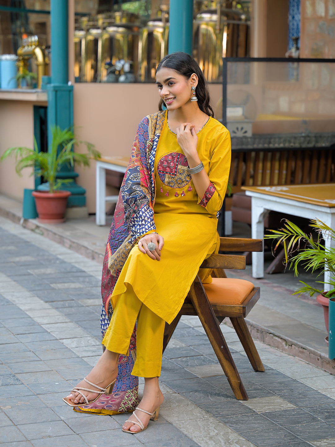 Mustard Embroidered Cotton Kurta Sets With Dupatta