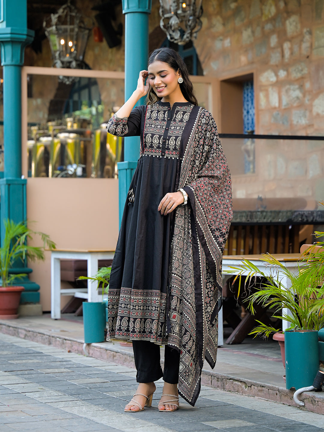 Black Paisley Print Cotton Anarkali Kurta Sets With Dupatta