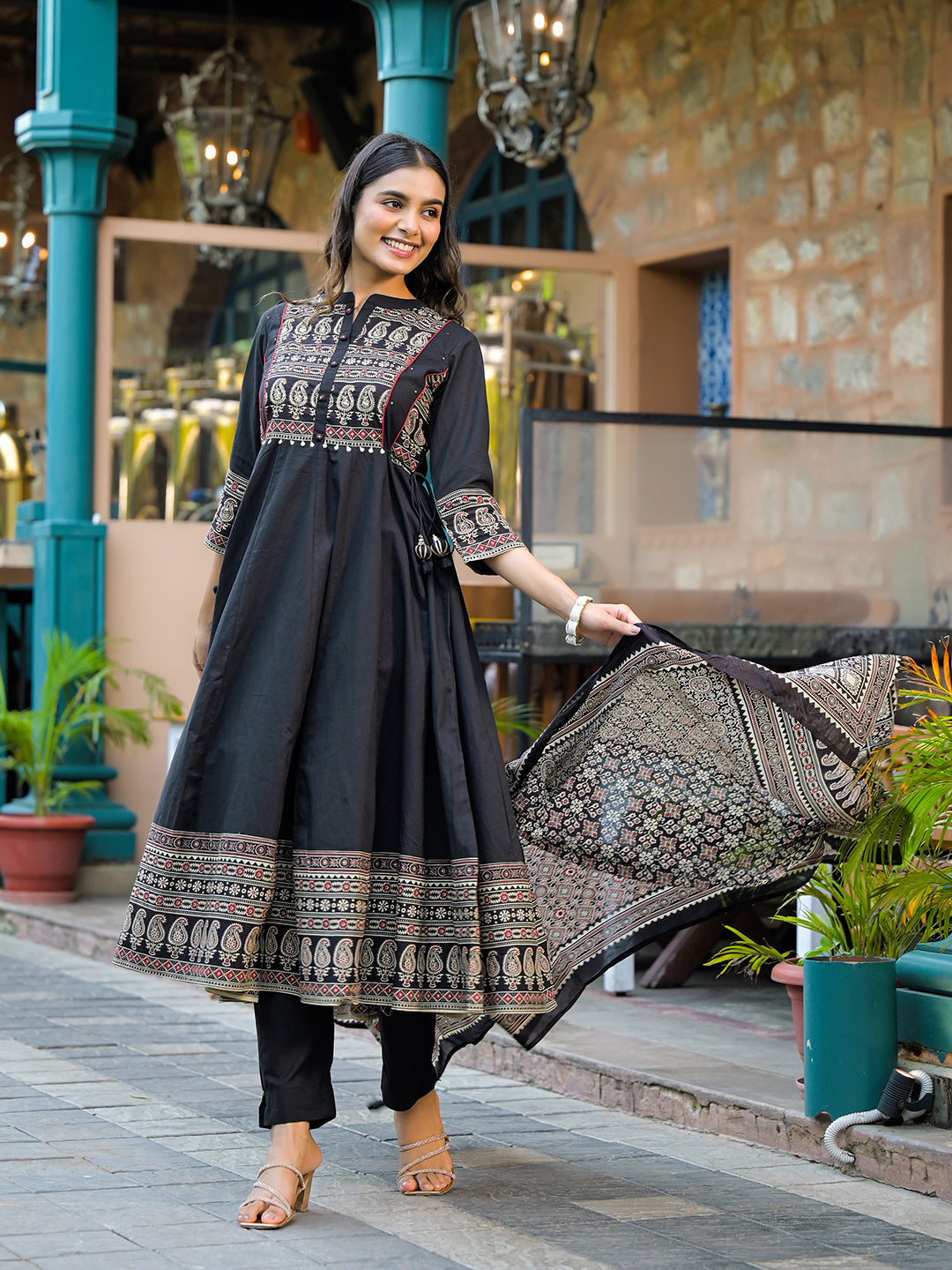 Black Paisley Print Cotton Anarkali Kurta Sets With Dupatta