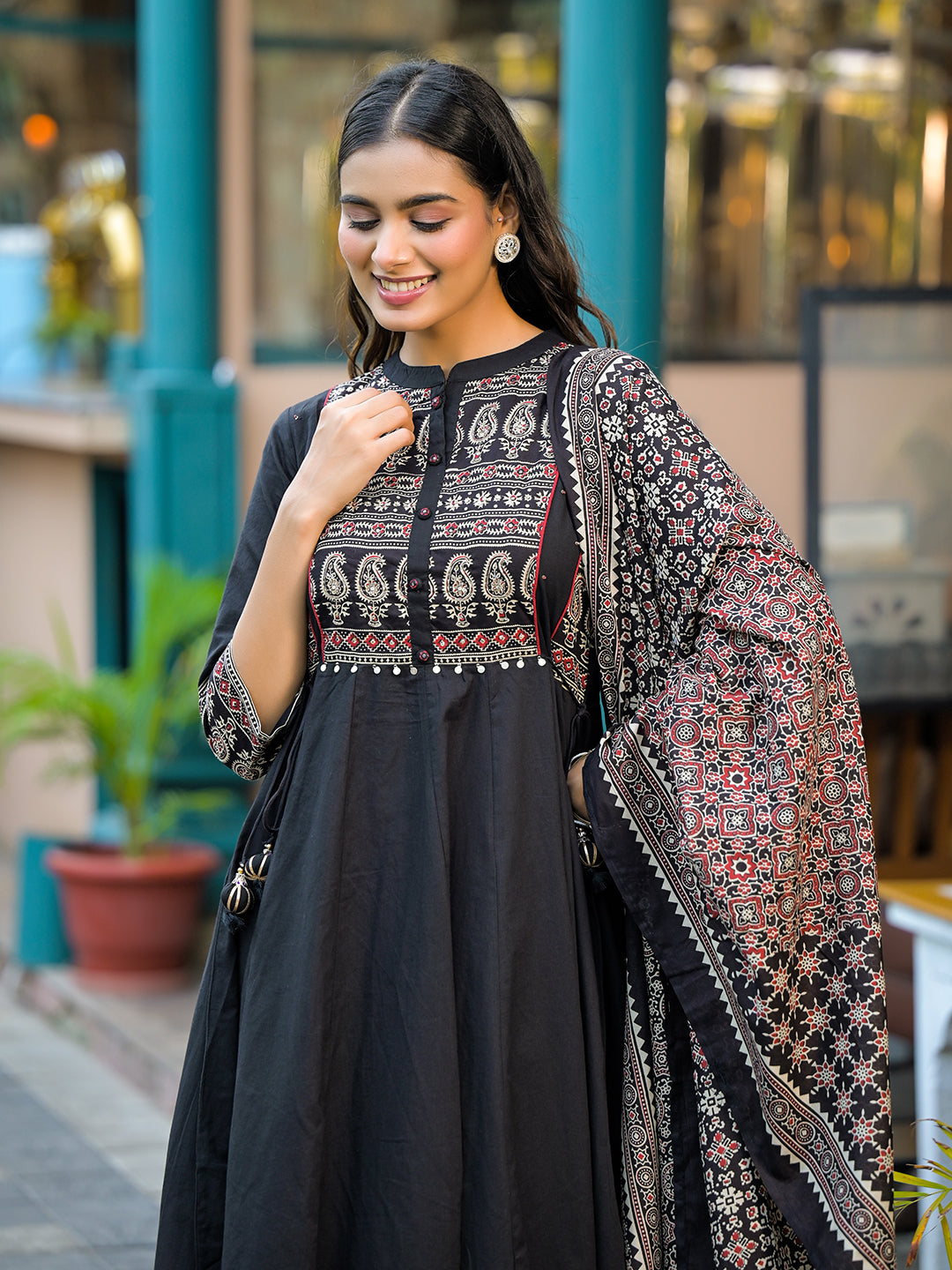 Black Paisley Print Cotton Anarkali Kurta Sets With Dupatta