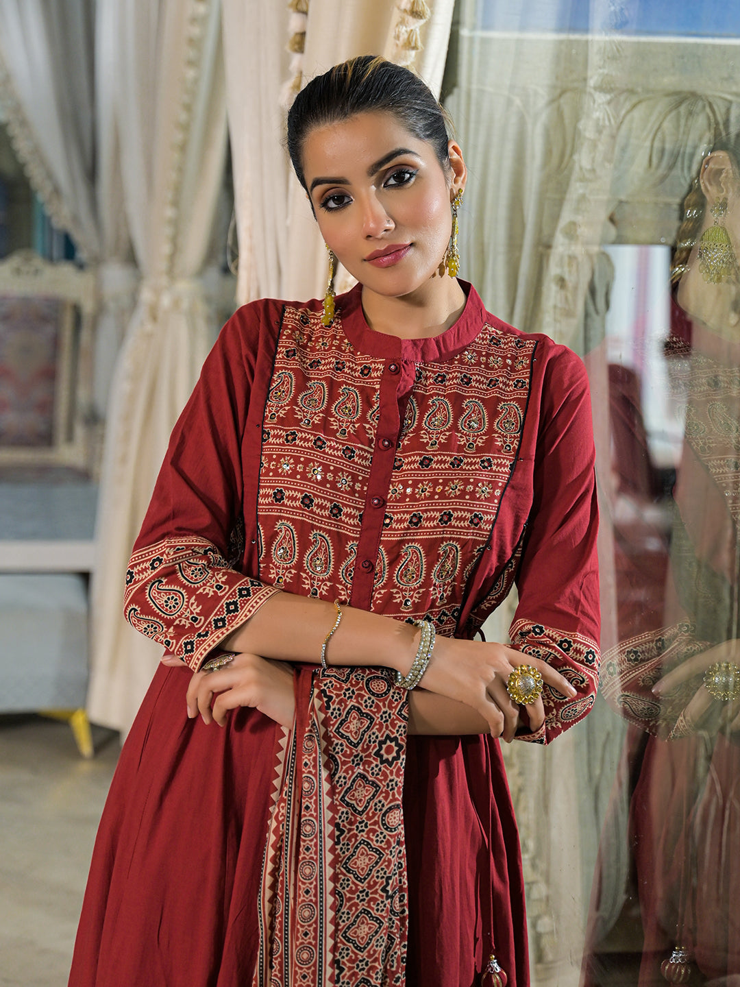 Red Paisley Print Cotton Anarkali Kurta Pant Set With Dupatta