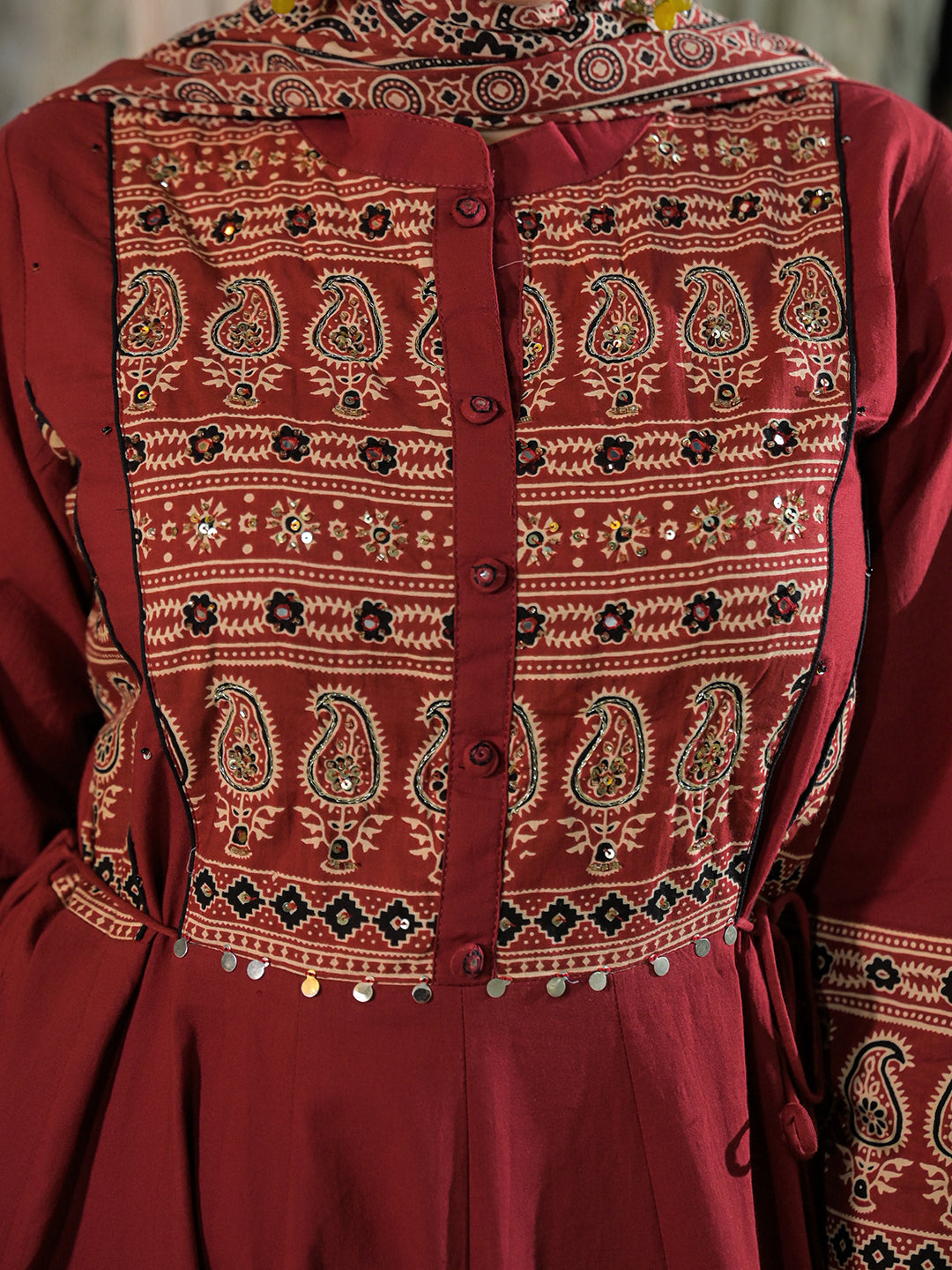 Red Paisley Print Cotton Anarkali Kurta Pant Set With Dupatta