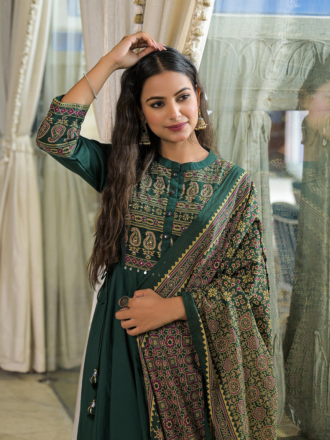 Green Paisley Print Cotton Anarkali Kurta Pant Set With Dupatta