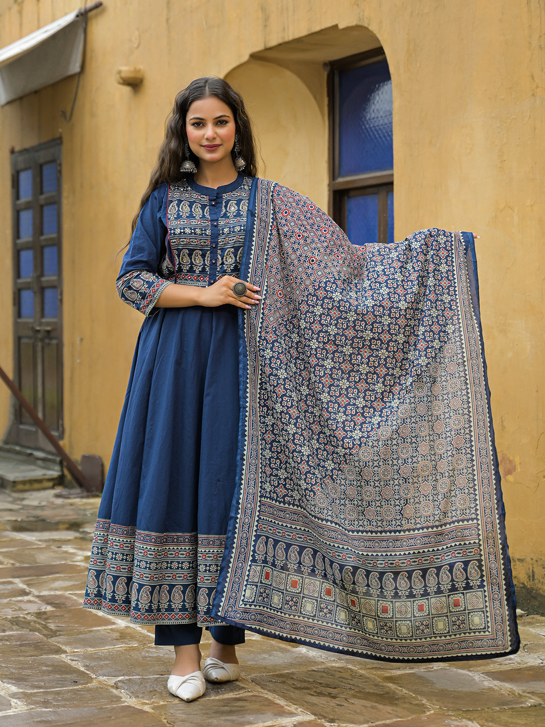 Blue Paisley Print Cotton Anarkali Kurta Pant Set With Dupatta