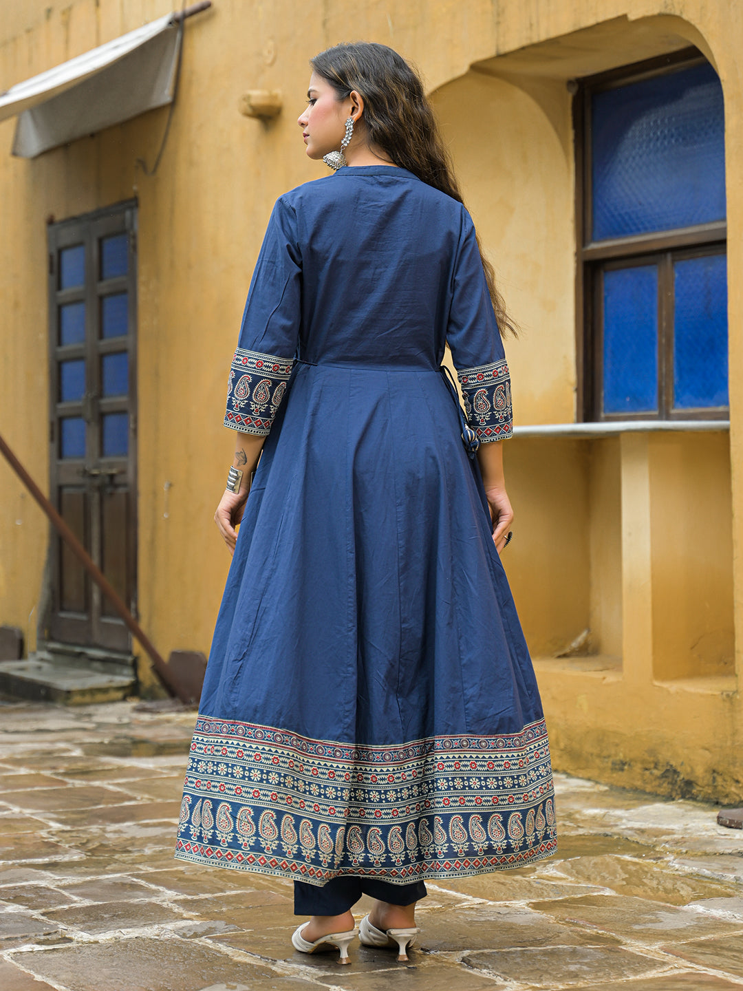 Blue Paisley Print Cotton Anarkali Kurta Pant Set With Dupatta