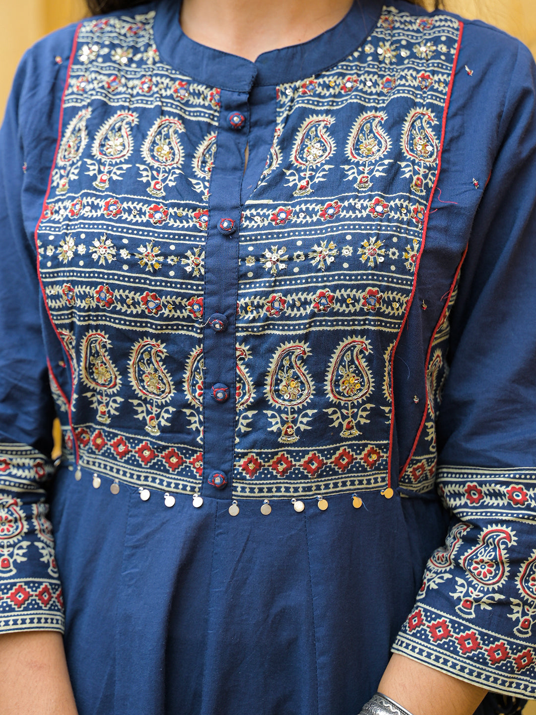 Blue Paisley Print Cotton Anarkali Kurta Pant Set With Dupatta