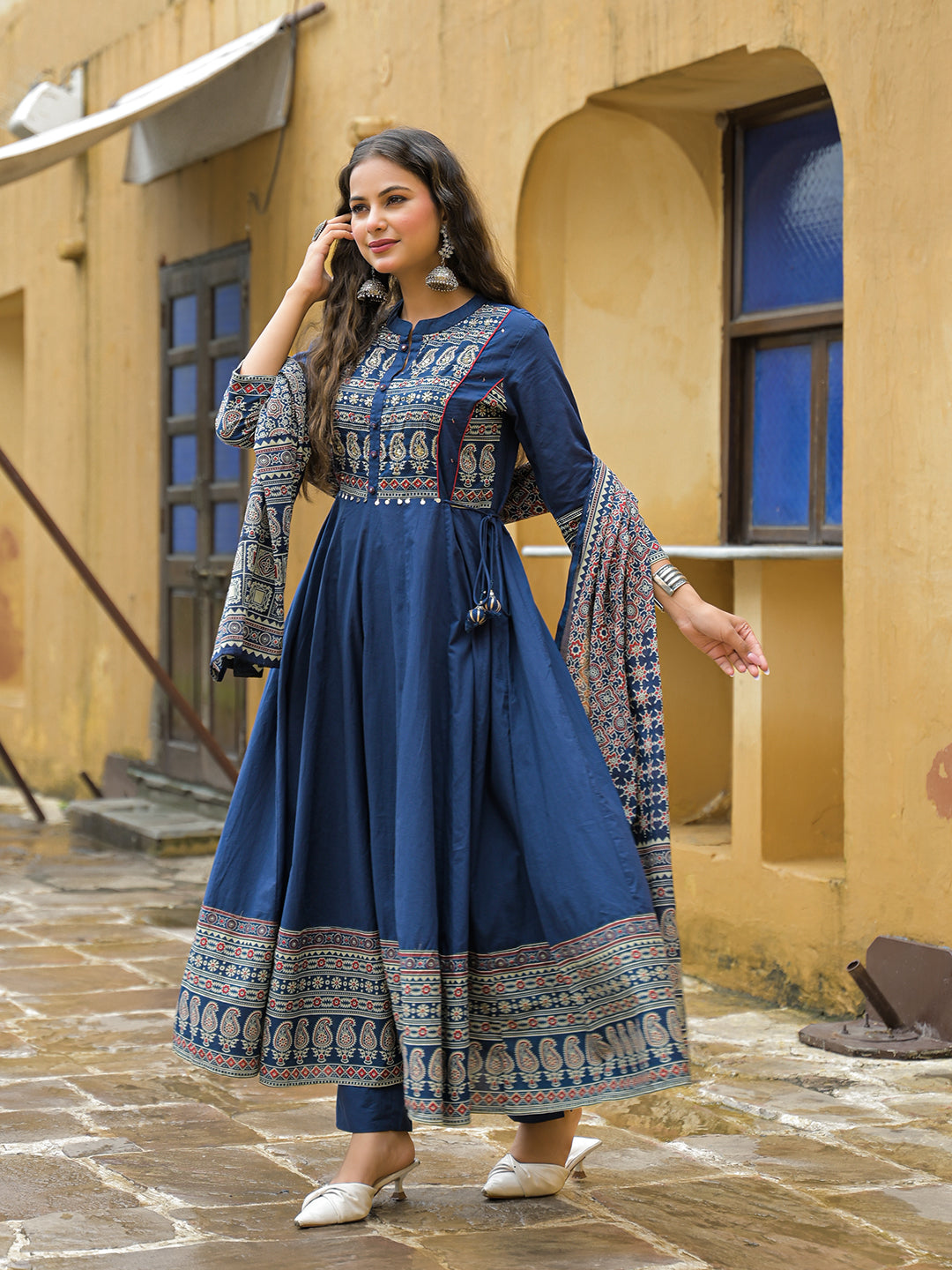 Blue Paisley Print Cotton Anarkali Kurta Pant Set With Dupatta