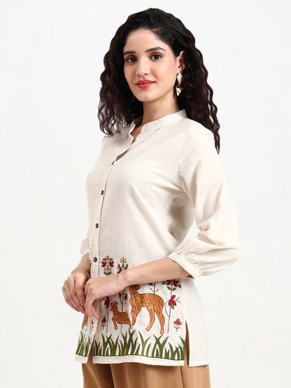 Off White Embroidered Cotton Top