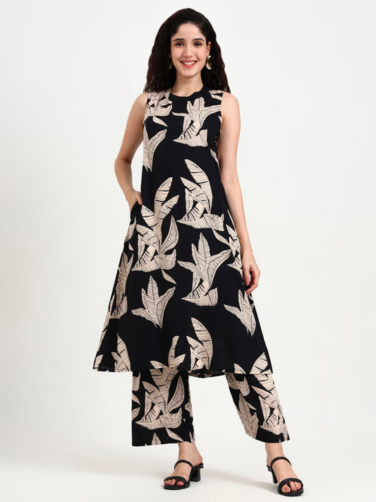 Black Floral Printed Rayon Kurta Pant Sets