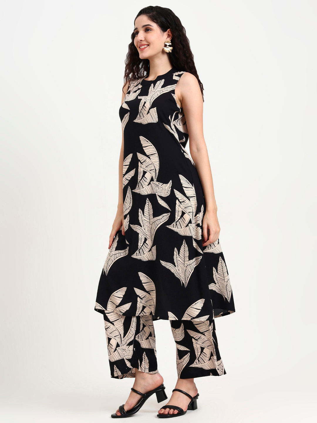 Black Floral Printed Rayon Kurta Pant Sets