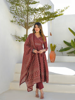 Maroon V-Neck Anarkali Floral Cotton Kurta Pant Set With Dupatta