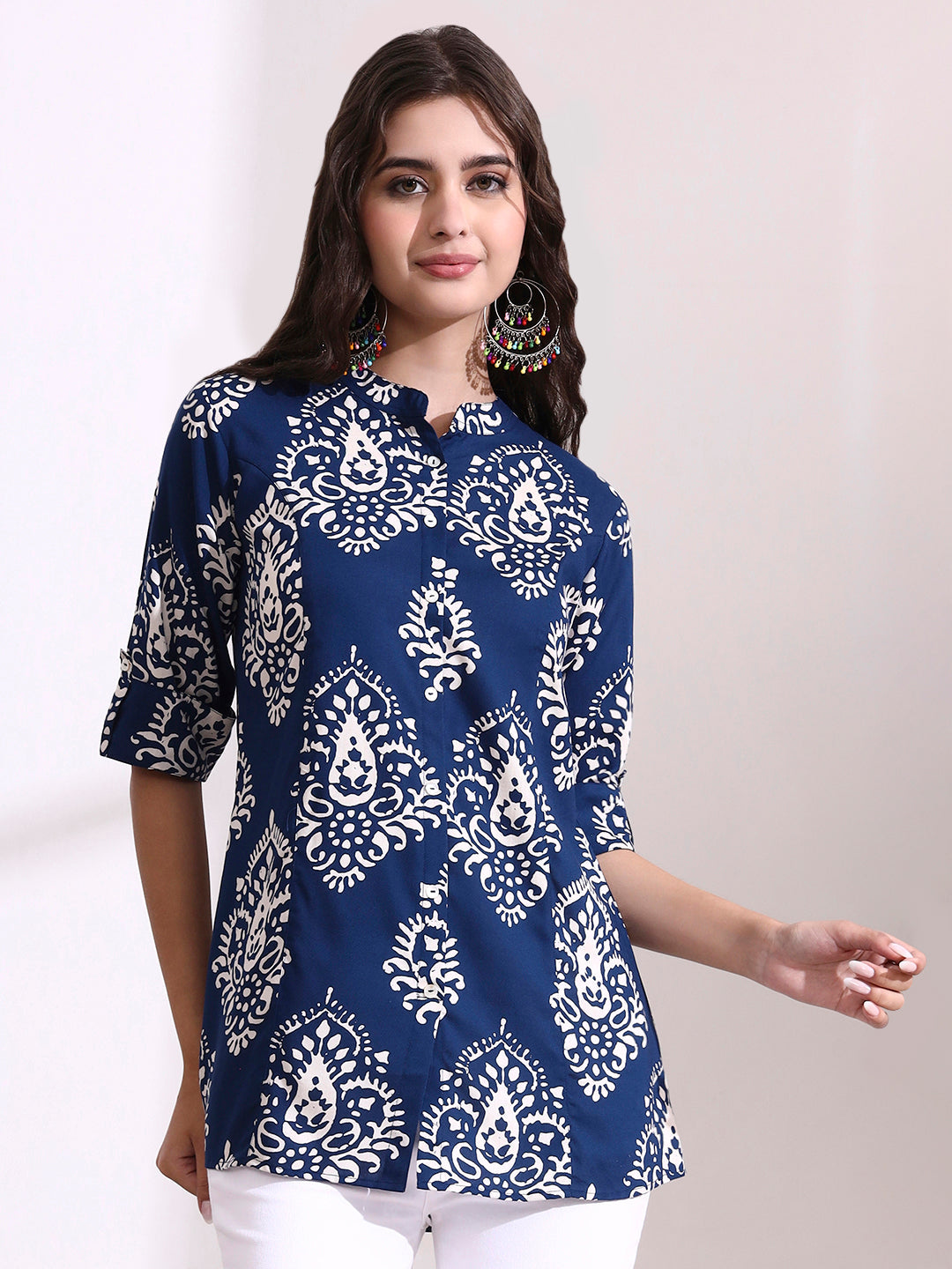 Blue Mandarin Coller Roll Up Sleeves Viscose Rayon Top
