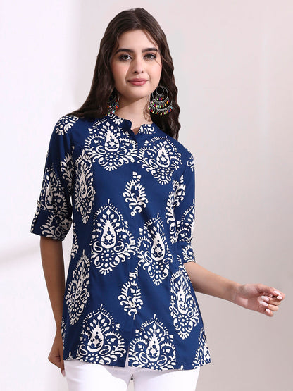 Blue Mandarin Coller Roll Up Sleeves Viscose Rayon Top