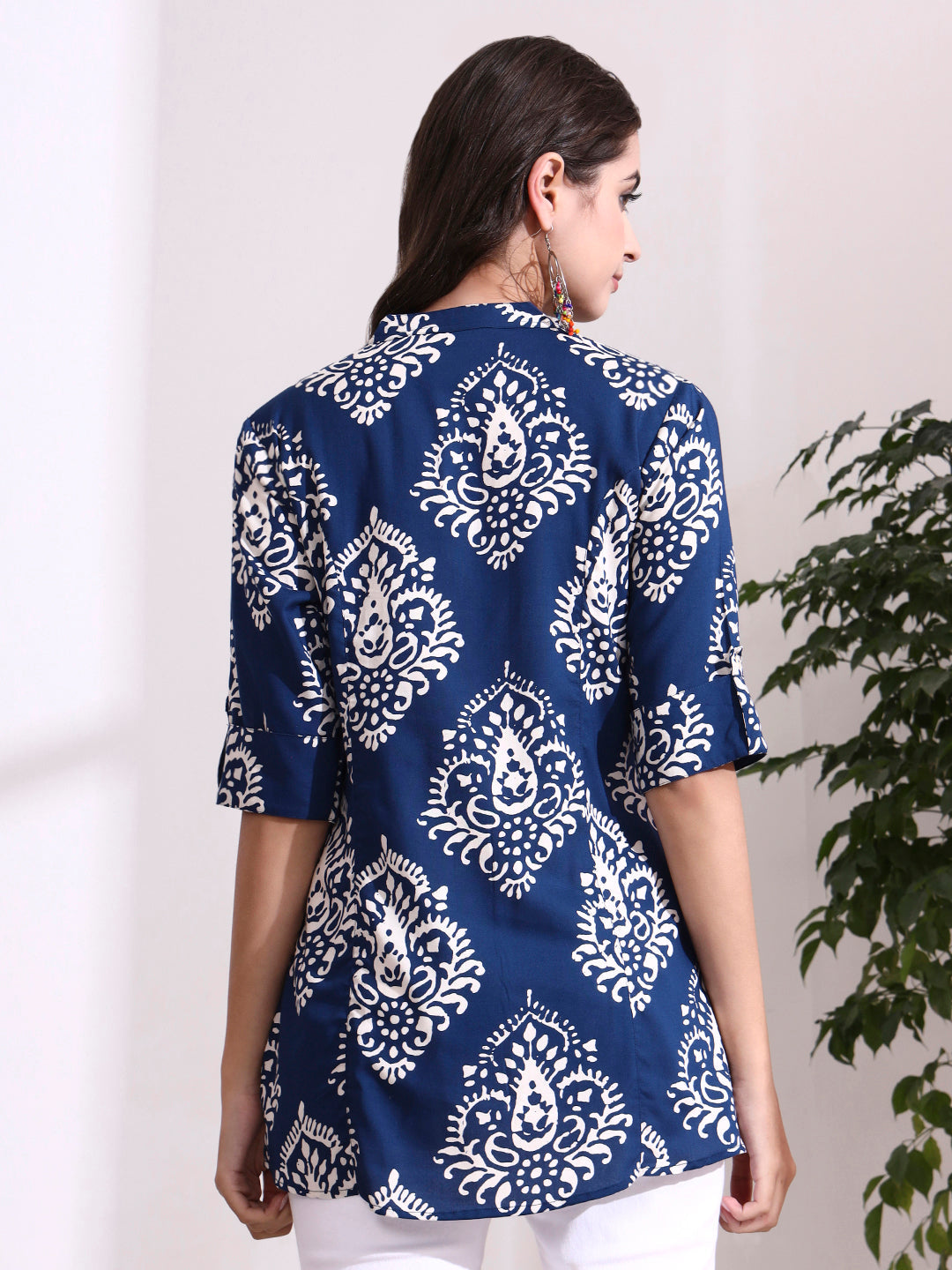 Blue Mandarin Coller Roll Up Sleeves Viscose Rayon Top