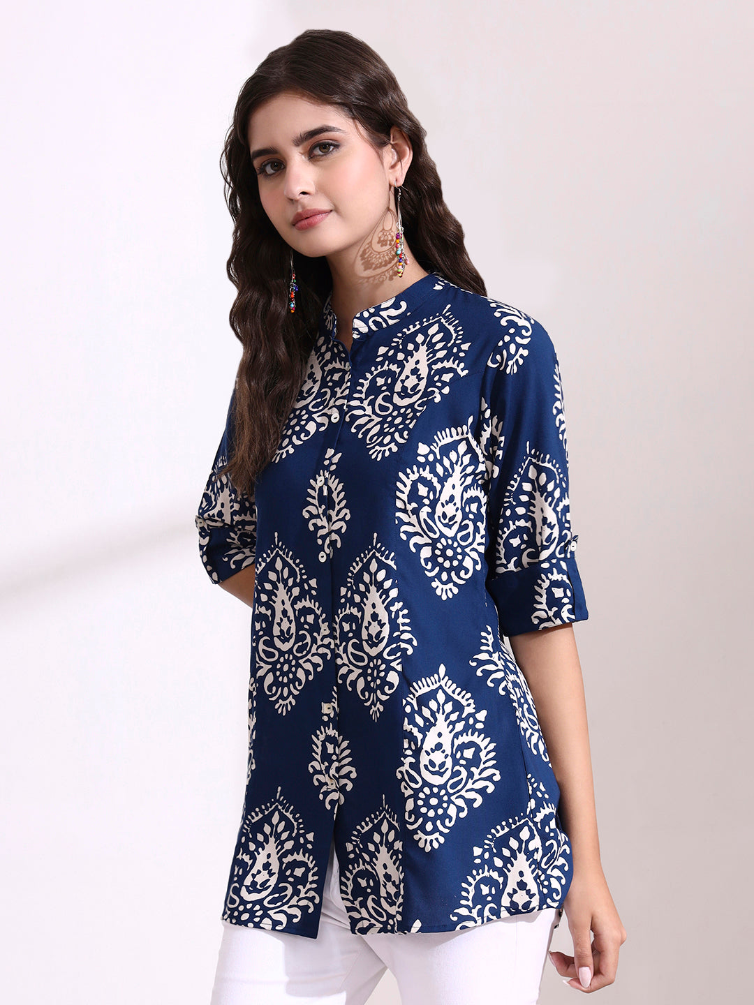 Blue Mandarin Coller Roll Up Sleeves Viscose Rayon Top