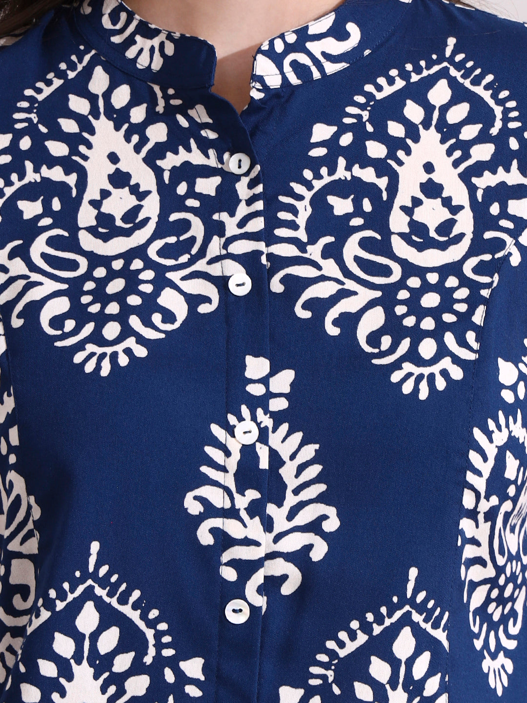 Blue Mandarin Coller Roll Up Sleeves Viscose Rayon Top