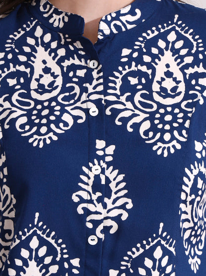 Blue Mandarin Coller Roll Up Sleeves Viscose Rayon Top