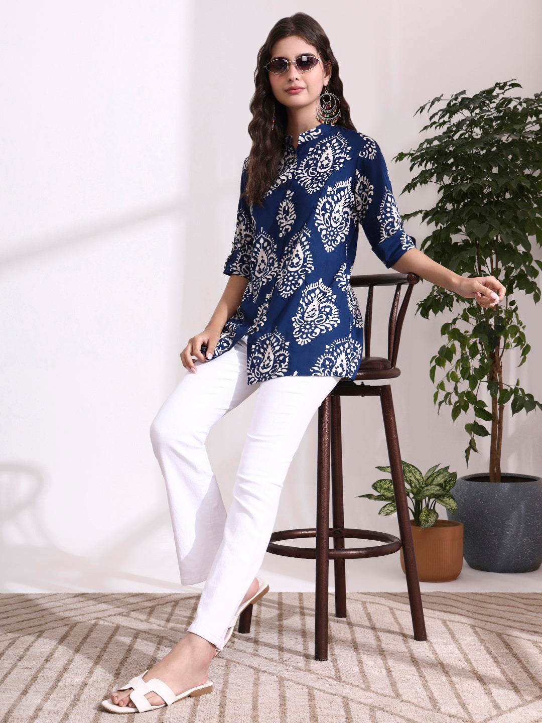 Blue Mandarin Coller Roll Up Sleeves Viscose Rayon Top