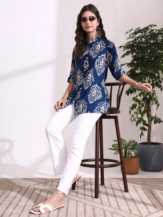 Blue Mandarin Coller Roll Up Sleeves Viscose Rayon Top