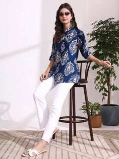 Blue Mandarin Coller Roll Up Sleeves Viscose Rayon Top