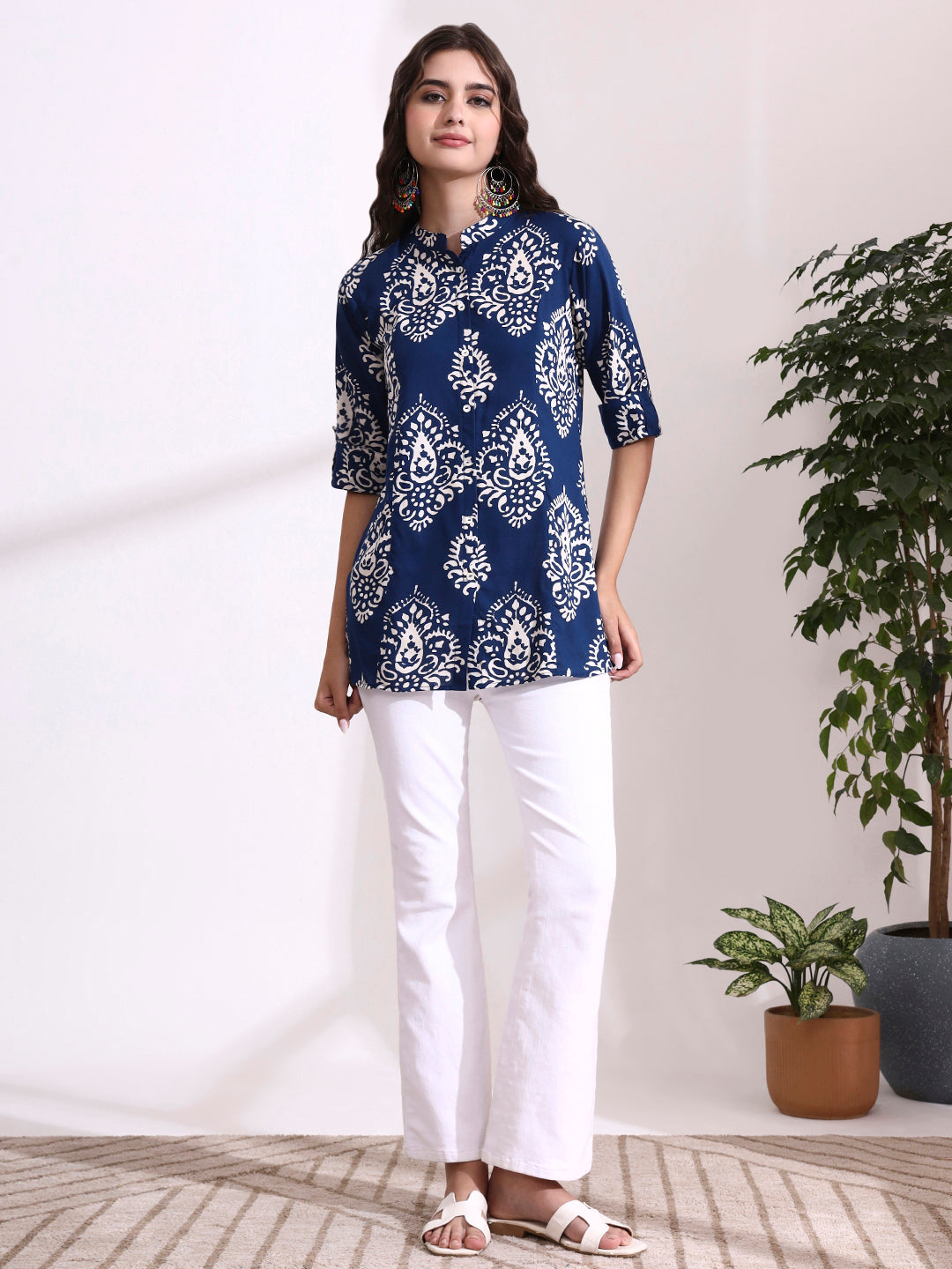 Blue Mandarin Coller Roll Up Sleeves Viscose Rayon Top