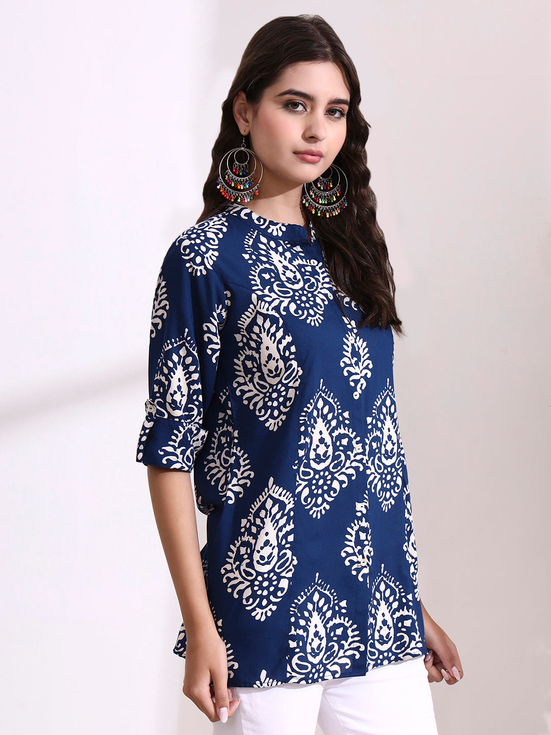 Blue Mandarin Coller Roll Up Sleeves Viscose Rayon Top