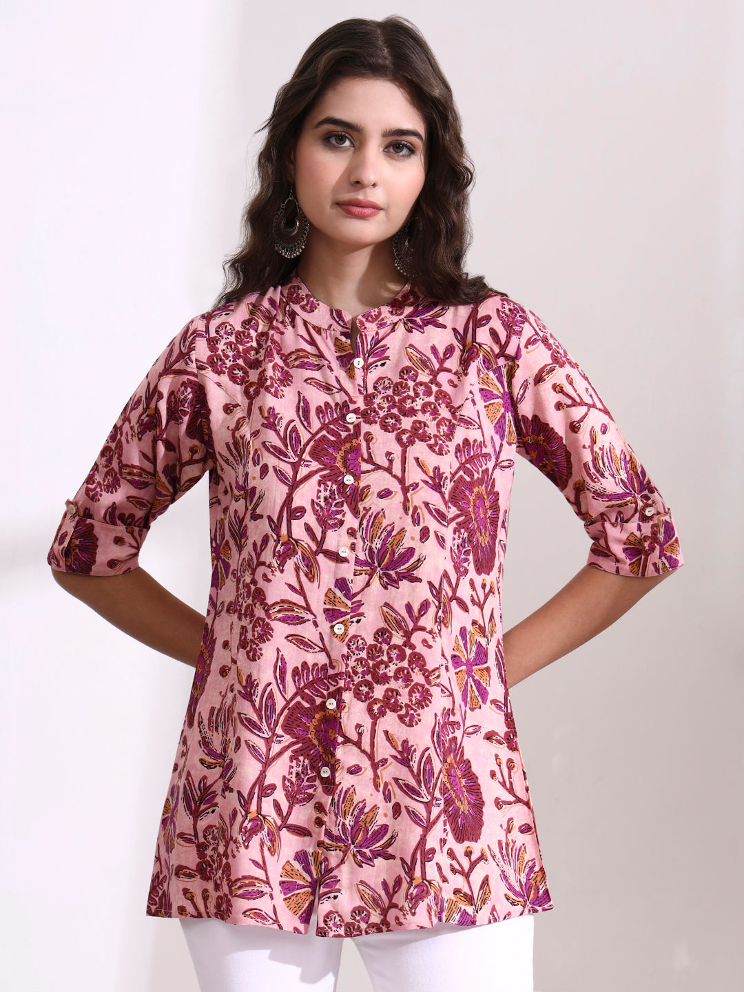 Peach Mandarin Coller Roll Up Sleeves Viscose Rayon Top