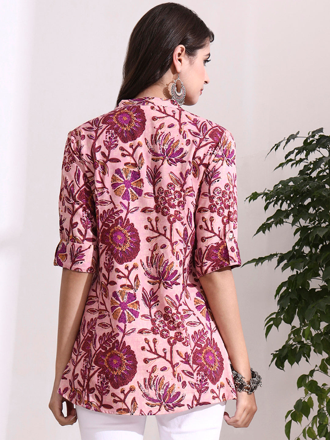 Peach Mandarin Coller Roll Up Sleeves Viscose Rayon Top