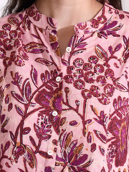 Peach Mandarin Coller Roll Up Sleeves Viscose Rayon Top