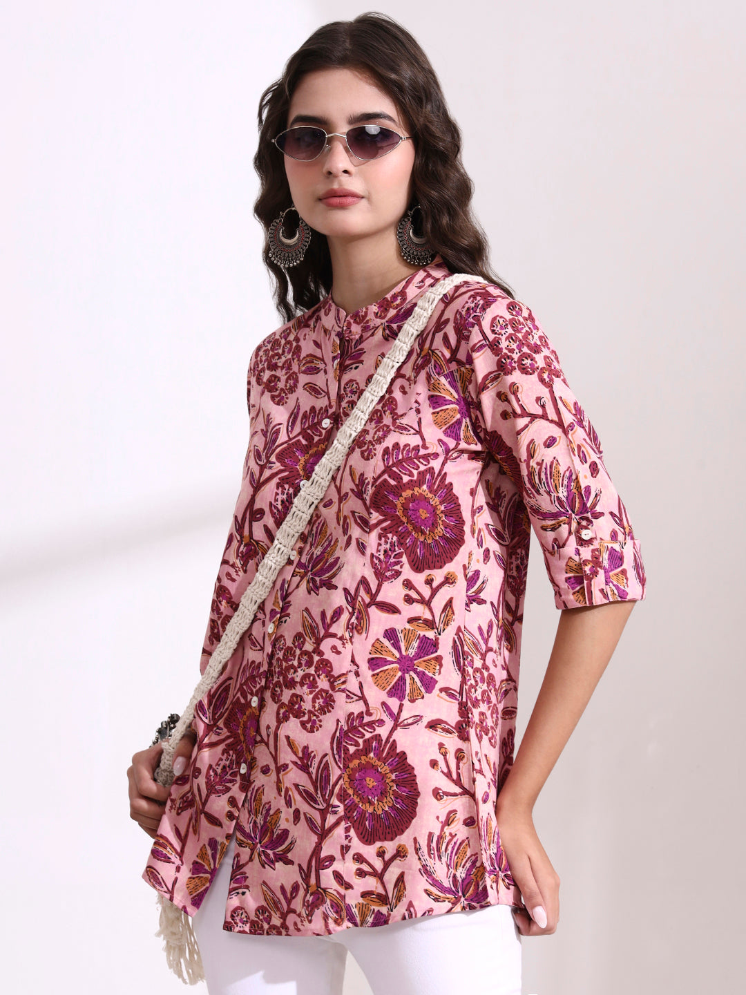 Peach Mandarin Coller Roll Up Sleeves Viscose Rayon Top