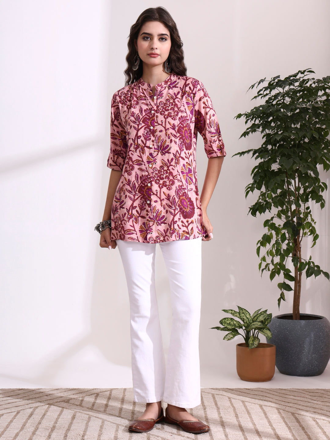 Peach Mandarin Coller Roll Up Sleeves Viscose Rayon Top