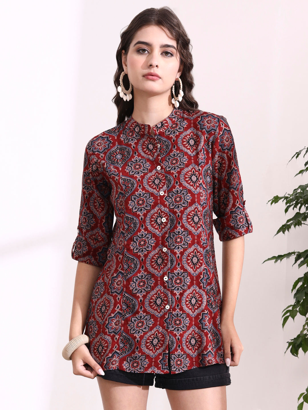 Red Mandarin Coller Roll Up Sleeves Viscose Rayon Top