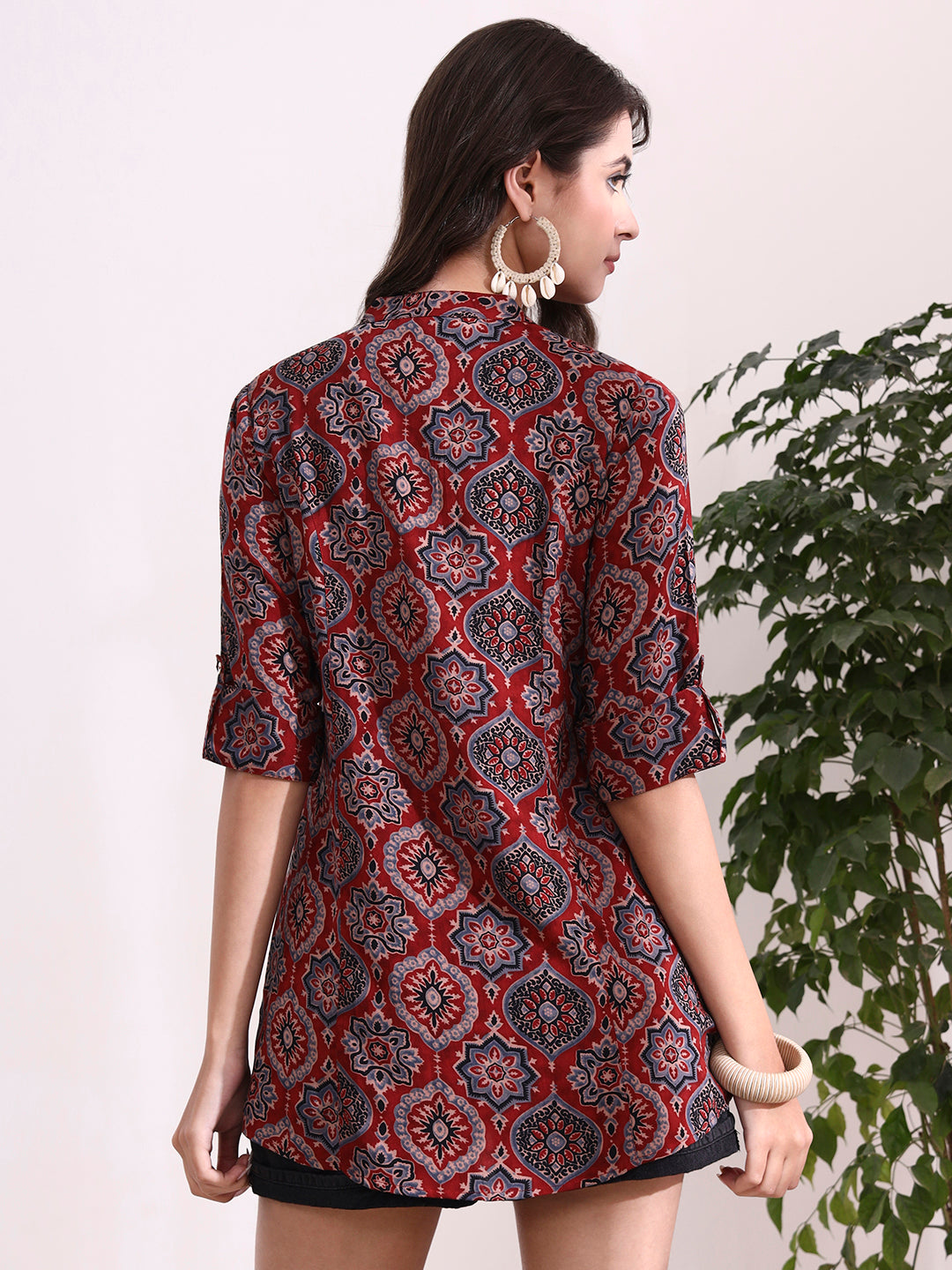 Red Mandarin Coller Roll Up Sleeves Viscose Rayon Top