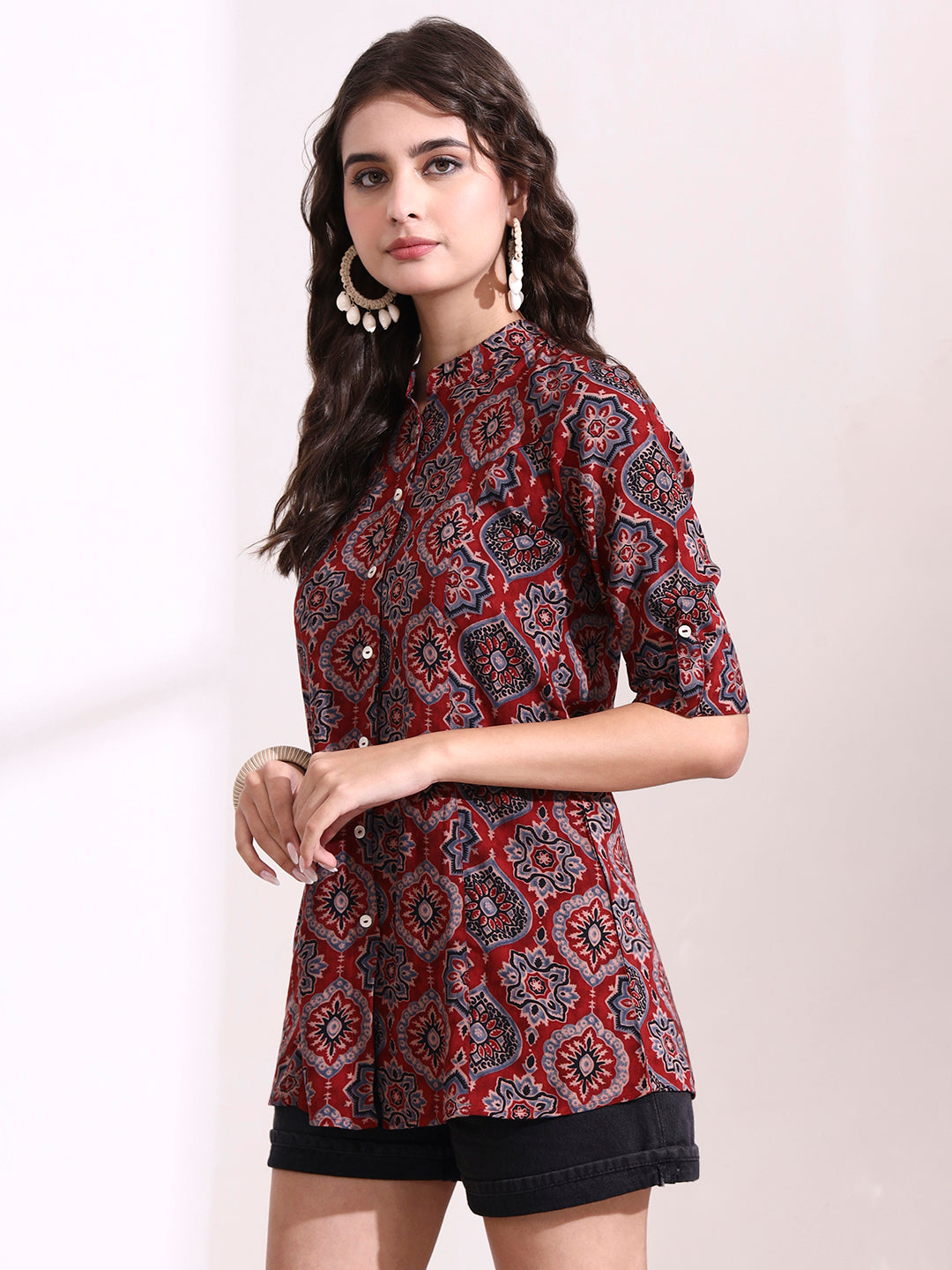 Red Mandarin Coller Roll Up Sleeves Viscose Rayon Top