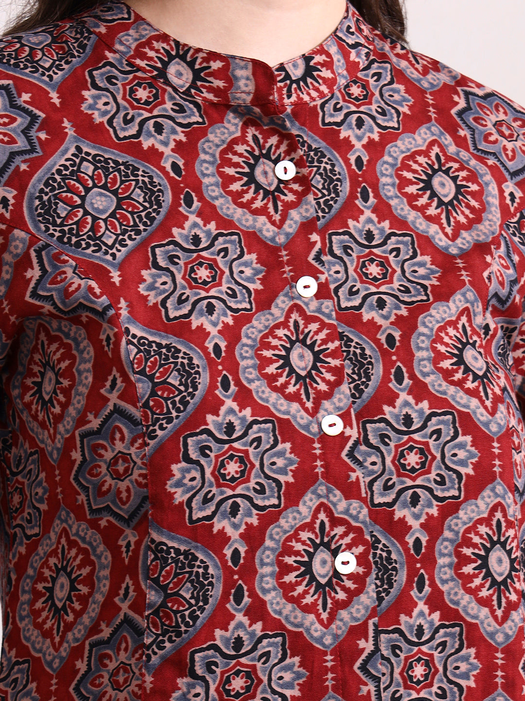 Red Mandarin Coller Roll Up Sleeves Viscose Rayon Top